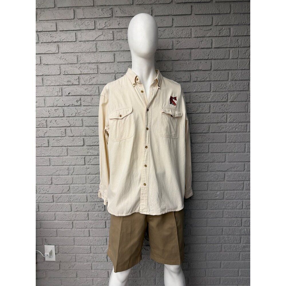 Reel Legends Cream Cotton Embroidered Fishing Long Sleeve Men Shirt Size XL